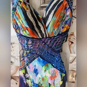 Watercolor print beaded prom dress